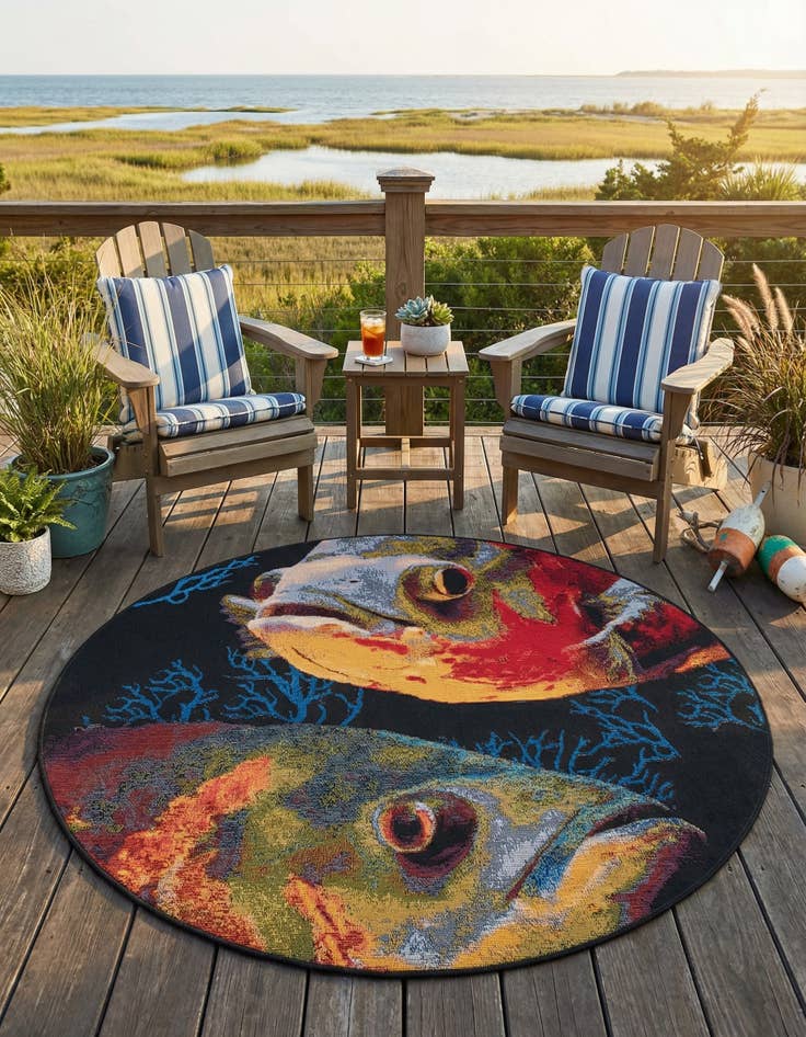Detail image of 4' x 4'  Washable Coastal Indoor / Outdoor Round Rug