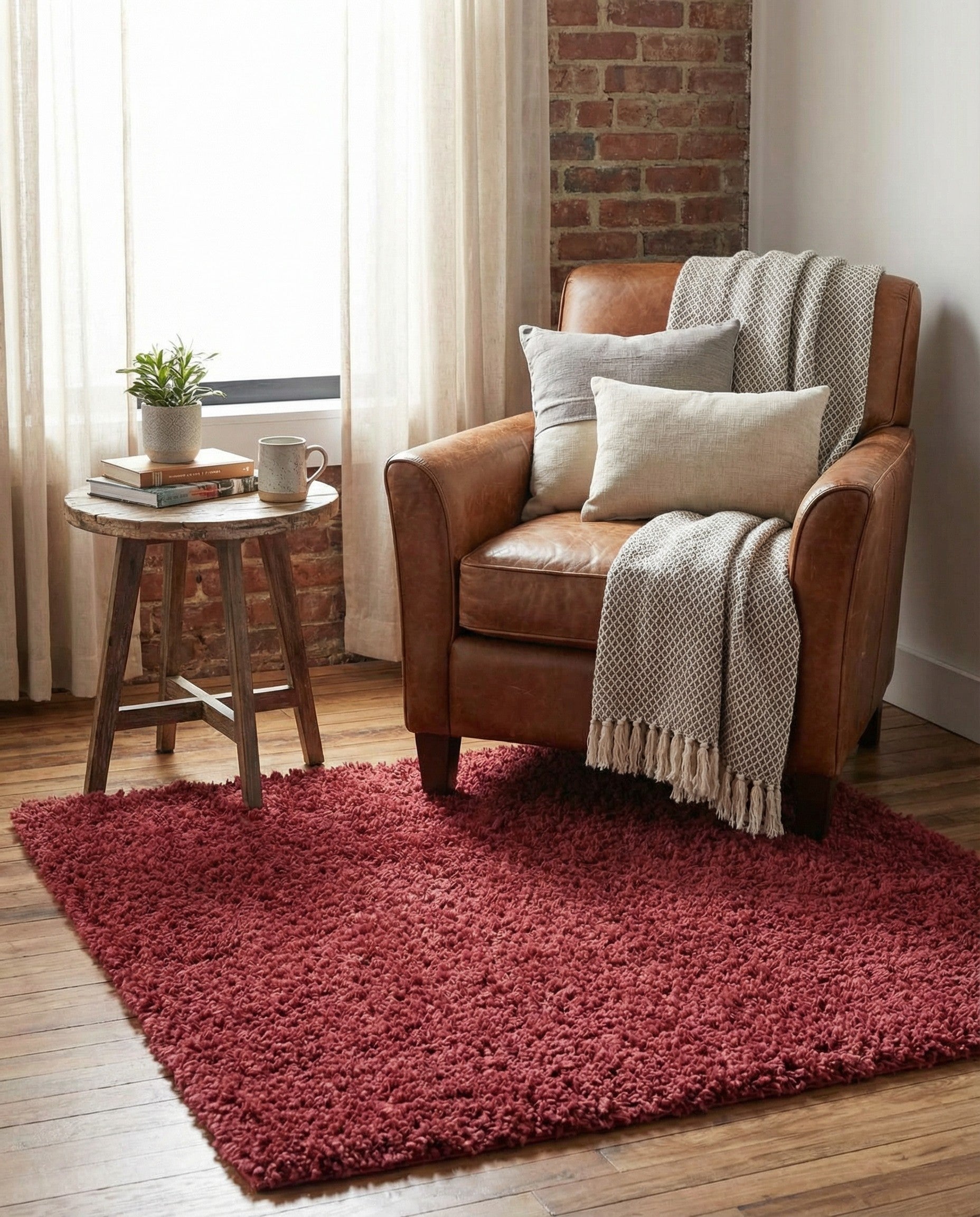 A plush, square 3'x3' red shag rug, showcasing its deep, textured pile and rich color.