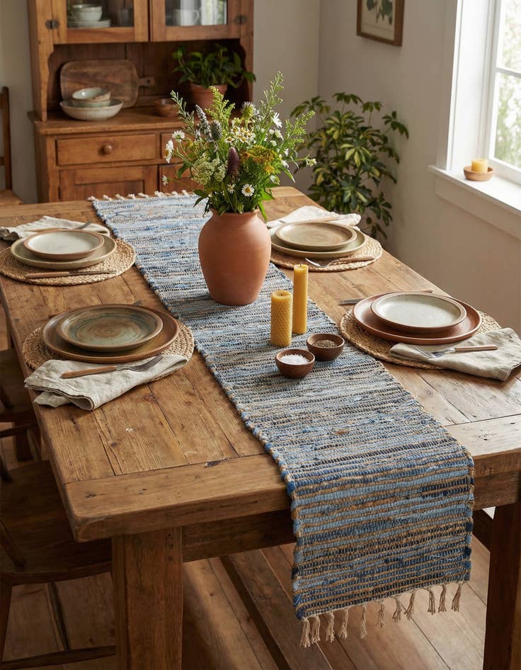 Detail image of  1' 2 x 5' 1  Hand Woven Chindi Jute Table Runner Rug