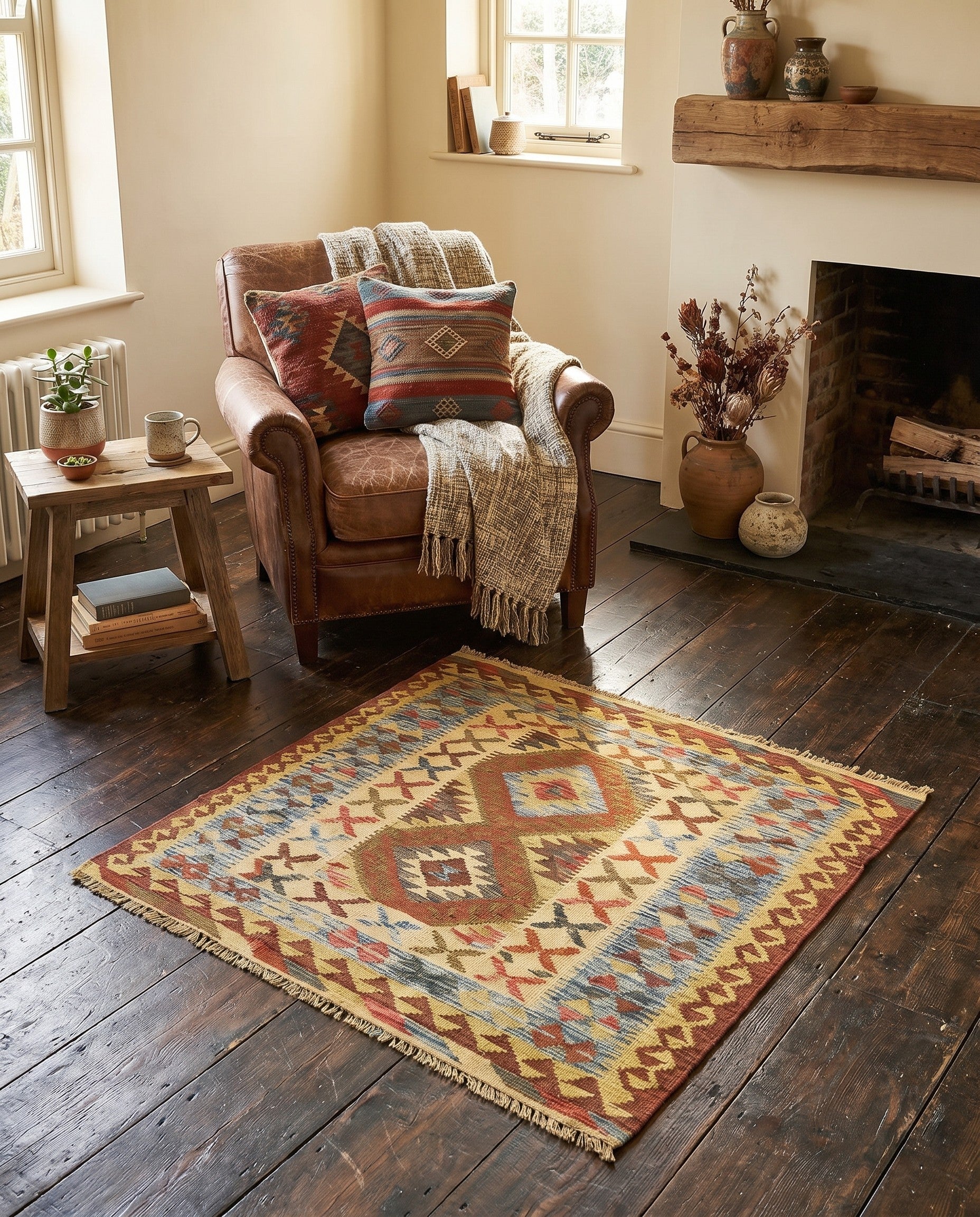 3' 2 x 3' 6 Hand Woven Kilim Maymana Wool Square Rug