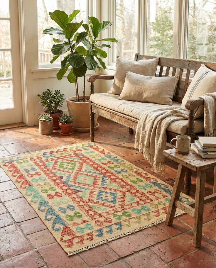 Detail image of 3' 4 x 5' Hand Woven Kilim Maymana Wool Rug