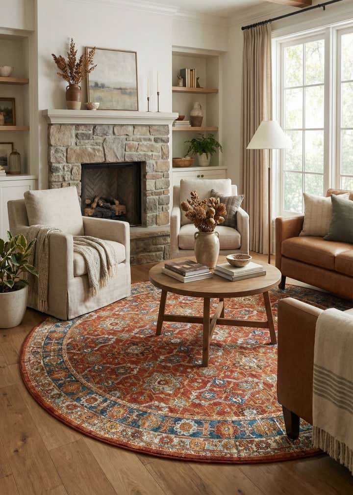 7' 10 x 7' 10 Easy-Clean Traditional Indoor / Outdoor Round Rug