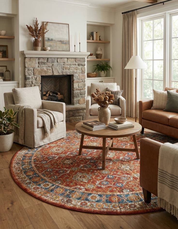 Detail image of 7' 10 x 7' 10 Easy-Clean Traditional Indoor / Outdoor Round Rug