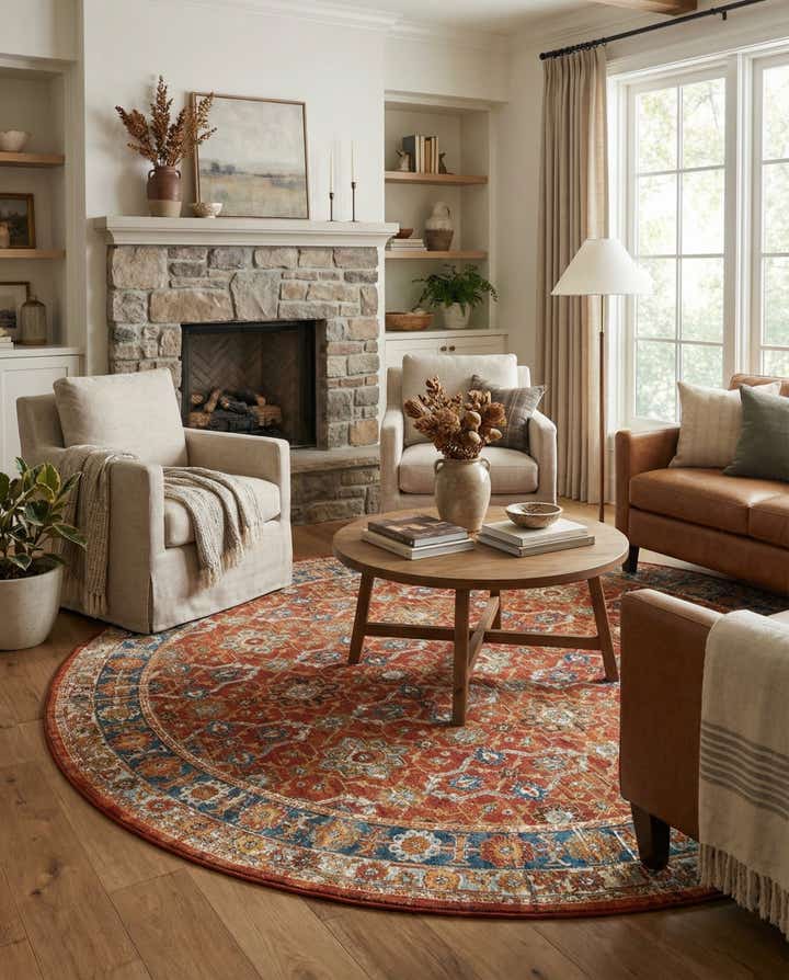 7' 10 x 7' 10 Easy-Clean Traditional Indoor / Outdoor Round Rug