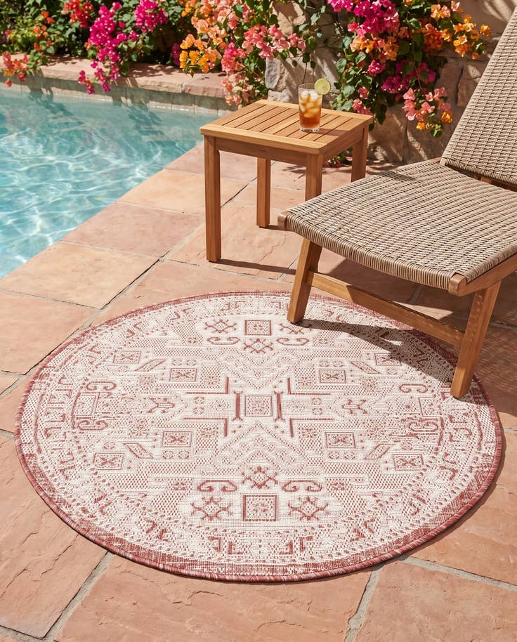 Detail image of 3' x 3' Easy-Clean Aztec Indoor / Outdoor Round Rug