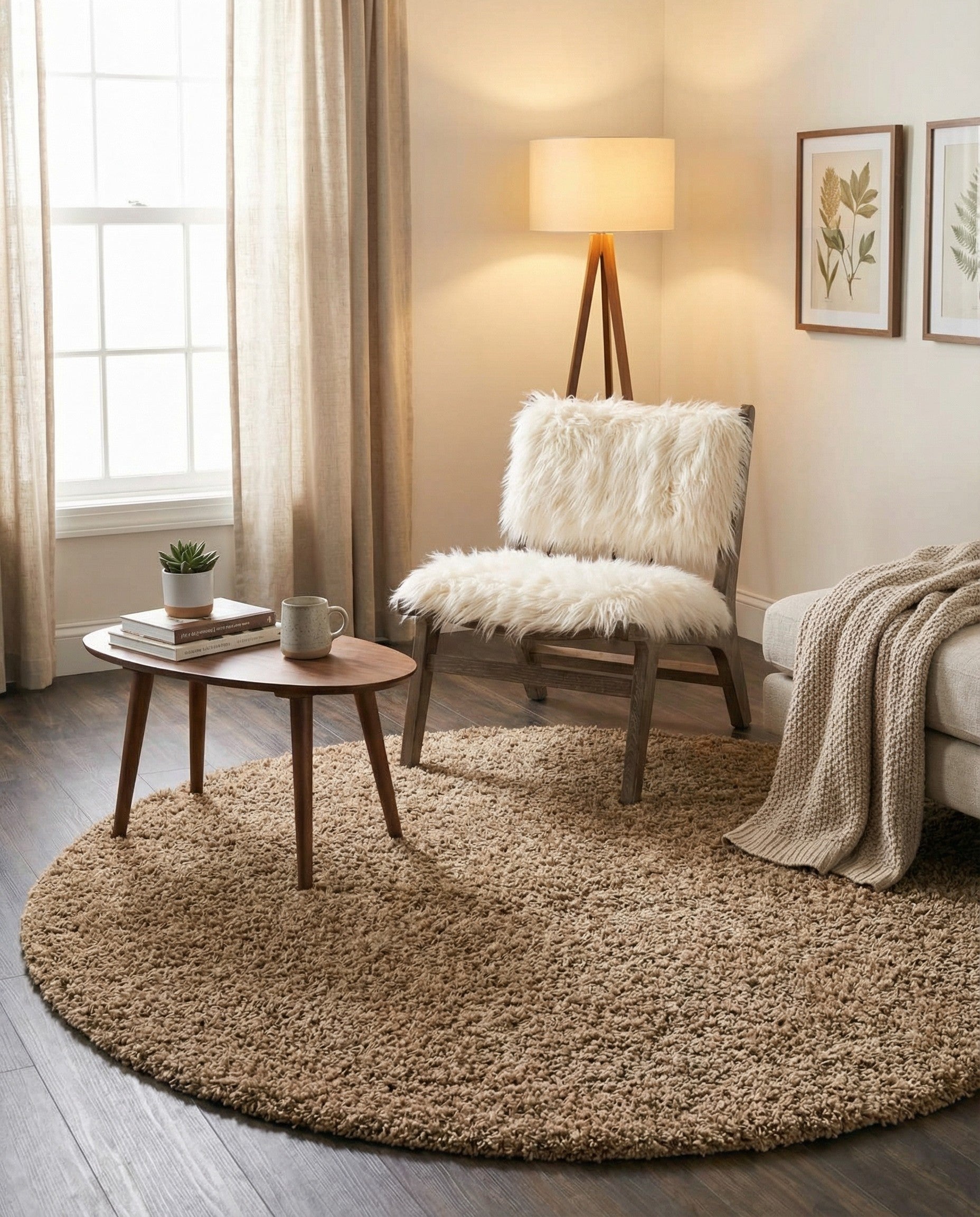 A 6-foot round brown shag rug made of polypropylene, providing a soft, textured surface for indoor spaces.