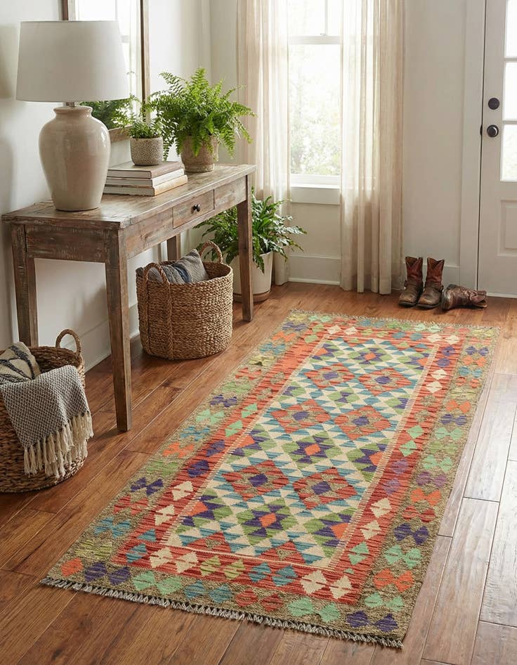 Detail image of 3' 3 x 6' 8  Hand Woven Kilim Maymana Wool Runner Rug