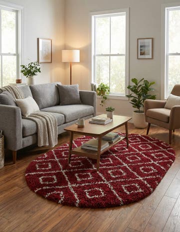 Burgundy Red Lattice Shag Oval Rug