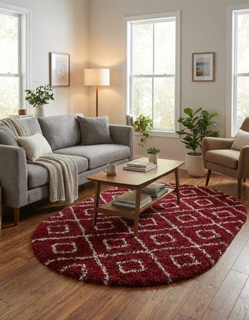 Burgundy Red Lattice Shag Oval Rug