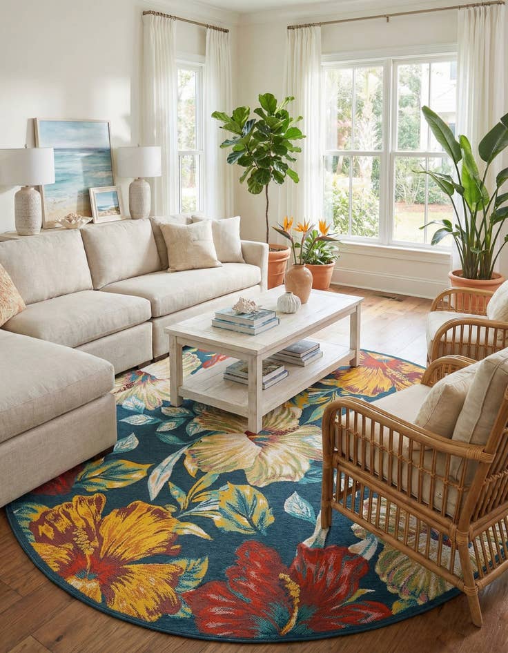 Detail image of 10' x 10'  Washable Coastal Indoor / Outdoor Round Rug