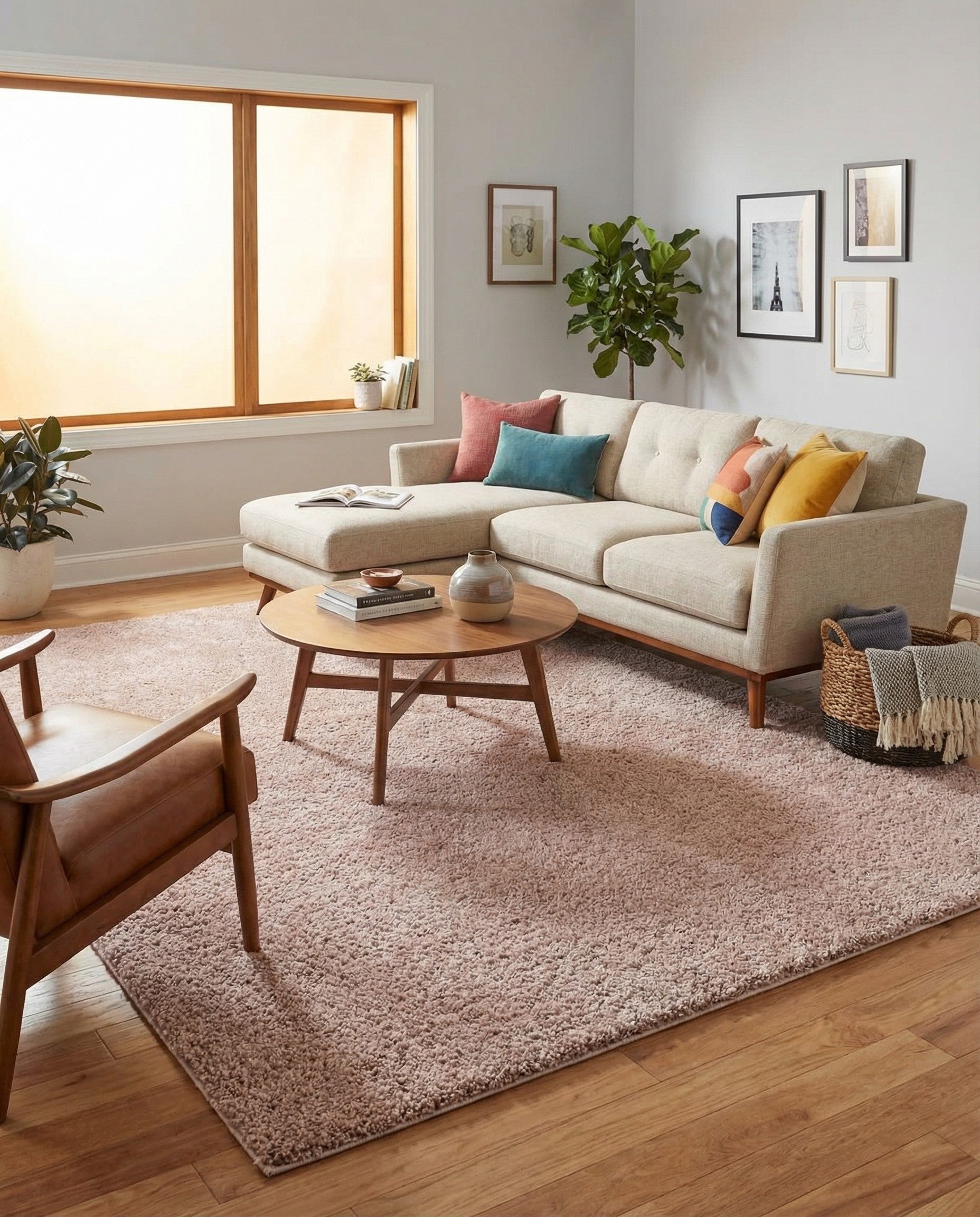 A large 9x12 rectangular Jill Zarin Shaggy Chic rug in a solid brown/tan color with a plush shag pile.