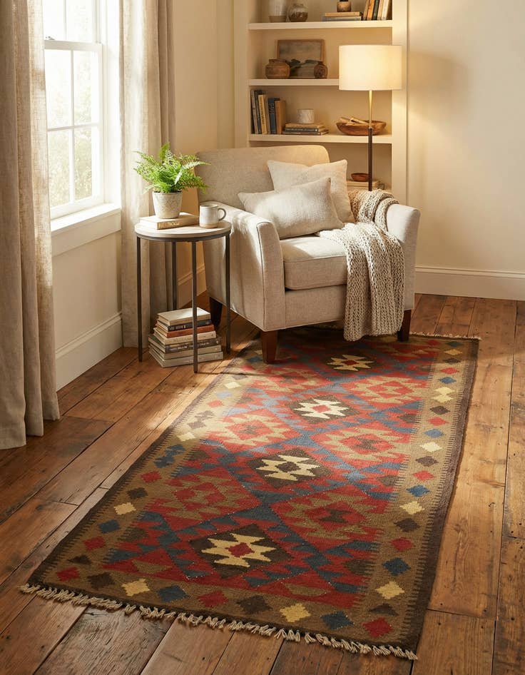 Detail image of 3' 3 x 6' 5  Hand Woven Kilim Maymana Wool Runner Rug