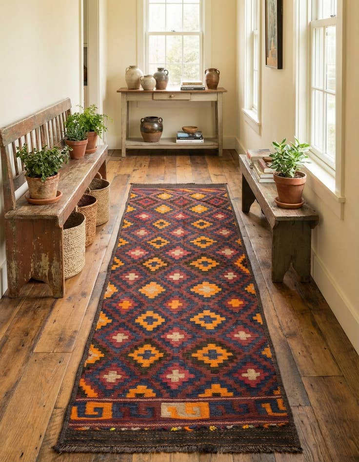 Detail image of 2' 7 x 9' 8  Hand Woven Kilim Fars Wool Runner Rug