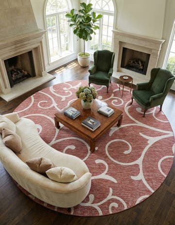 Rust Red Easy-Clean Botanical Indoor / Outdoor Round Rug