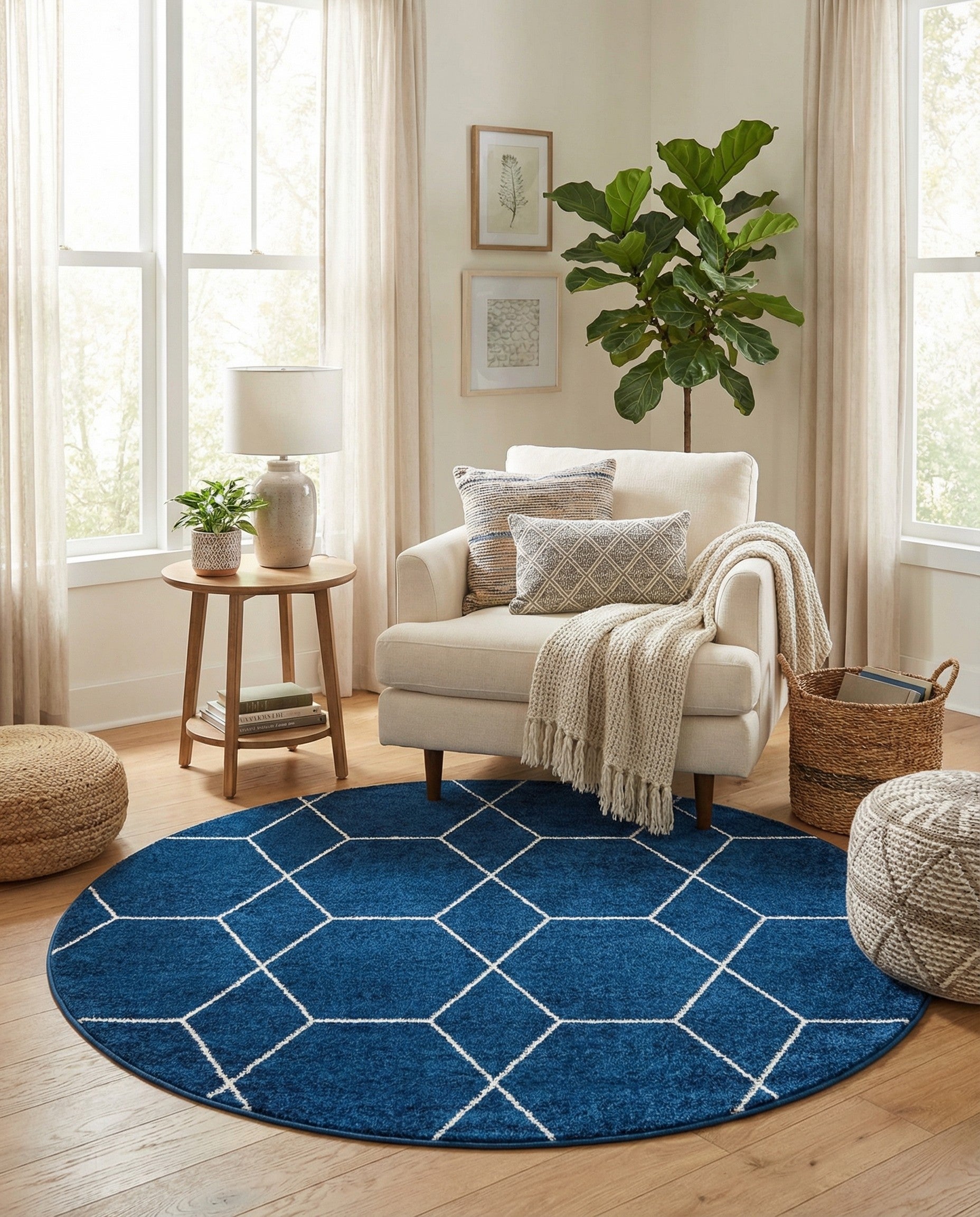 A 4' round navy blue rug with a white modern trellis pattern, suitable for various indoor rooms.