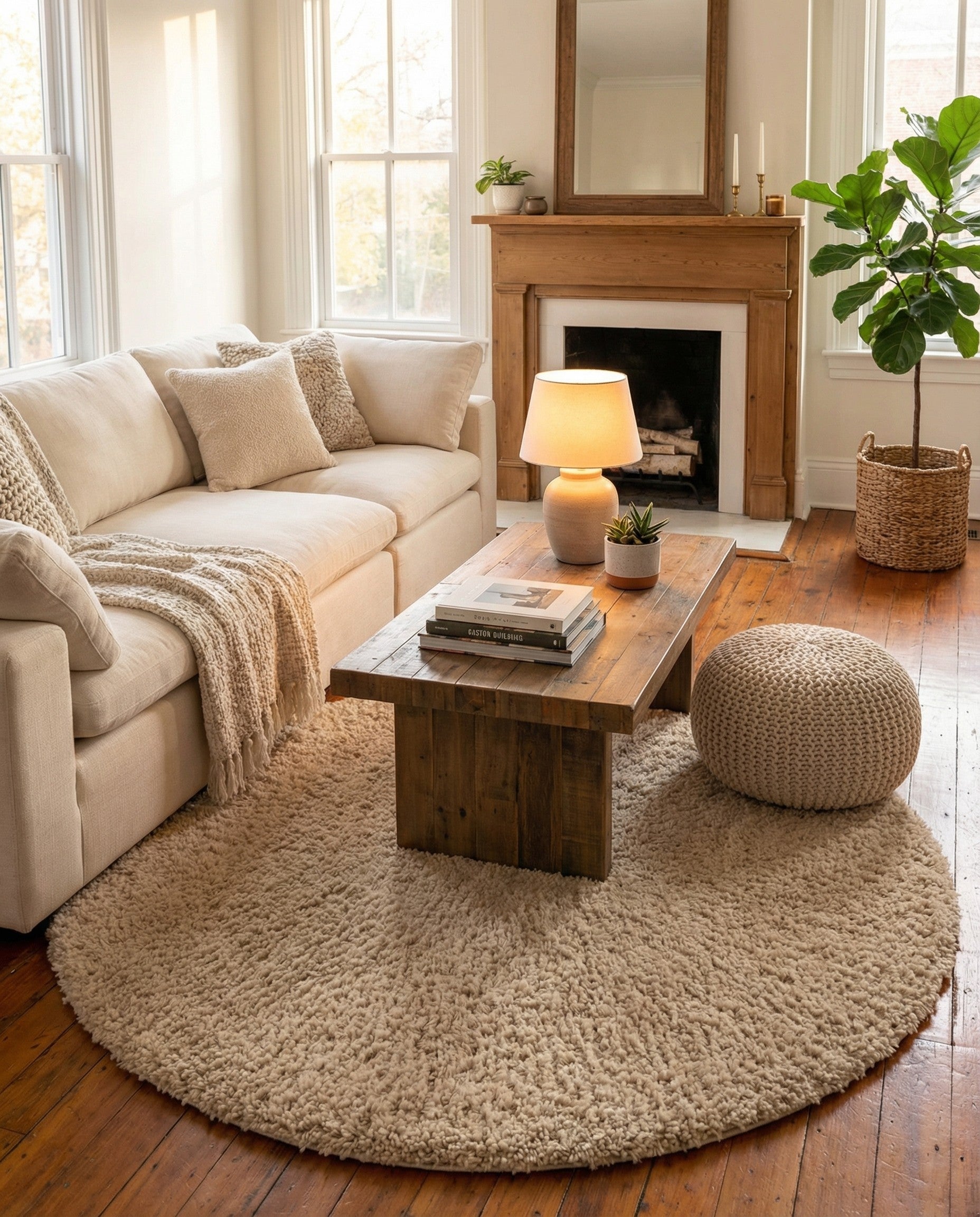 A 6' 0 x 6' 0 round ivory shag rug, made of soft polypropylene, shown against a white background.