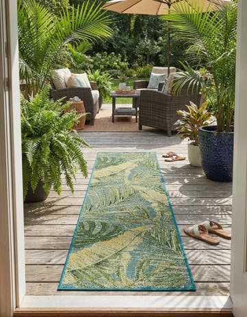 Green Blue Easy-Clean Botanical Indoor / Outdoor Runner Rug