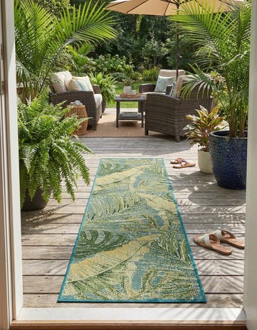 Green Blue Easy-Clean Botanical Indoor / Outdoor Runner Rug
