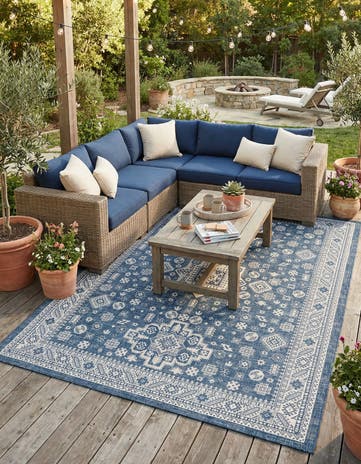 Blue Easy-Clean Aztec Indoor / Outdoor Rug