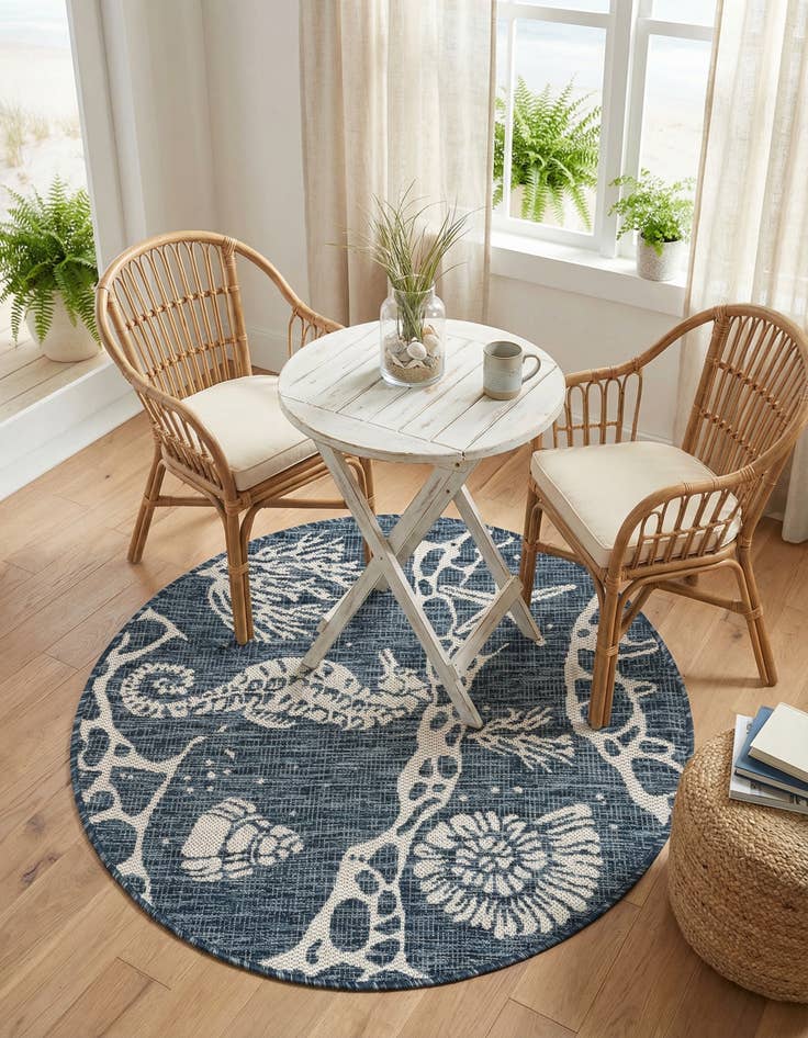 Detail image of 3' x 3'  Washable Coastal Indoor / Outdoor Round Rug