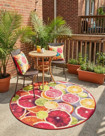 Rust Red and Yellow Easy-Clean Jill Zarin Caribbean Indoor / Outdoor Round Rug
