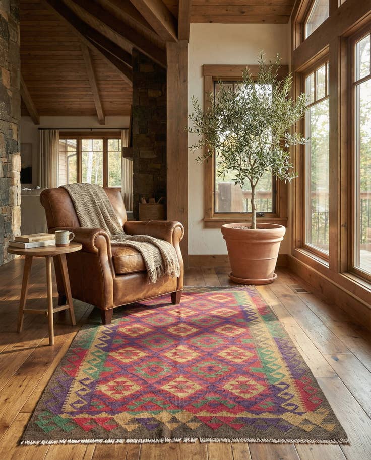 Detail image of 4' 9 x 8' 8 Hand Woven Kilim Maymana Wool Rug