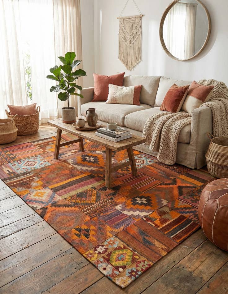 Detail image of  7' x 9' 9  Hand Woven Kilim Patchwork Wool Rug