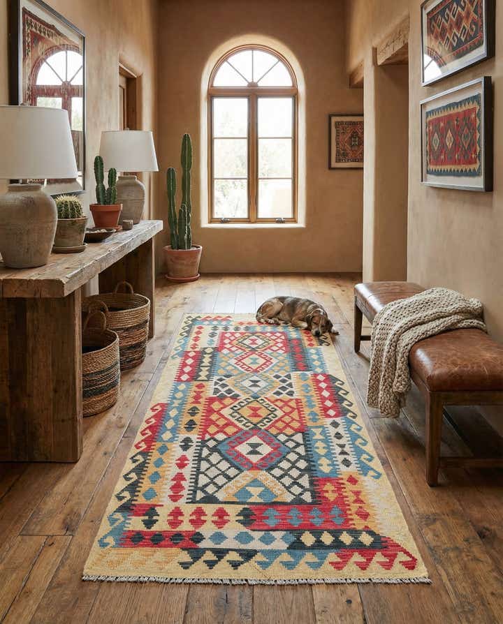 3' 4 x 6' 8 Hand Woven Kilim Maymana Wool Runner Rug