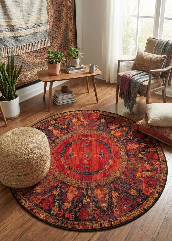 4' x 4' Easy-Clean Tribal Indoor / Outdoor Round Rug