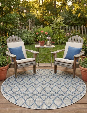 Gray Blue Easy-Clean Lattice Indoor / Outdoor Round Rug