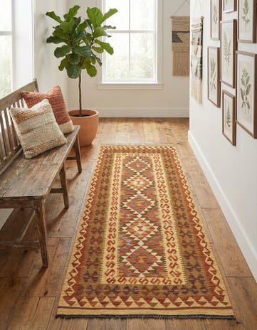 3' 4 x 6' 10 Hand Woven Kilim Maymana Wool Runner Rug