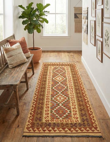 3' 4 x 6' 10 Hand Woven Kilim Maymana Wool Runner Rug