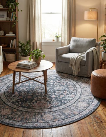 Ink Black Washable Yara Round Rug