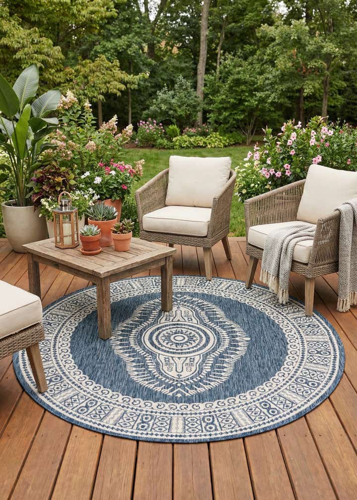 7' 10 x 7' 10 Easy-Clean Traditional Indoor / Outdoor Round Rug