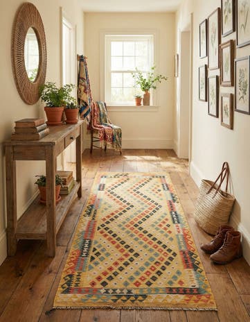 3' 3 x 6' 10 Hand Woven Kilim Maymana Wool Runner Rug