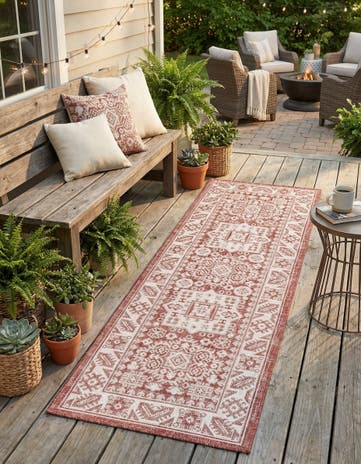 Rust Red Easy-Clean Aztec Indoor / Outdoor Runner Rug
