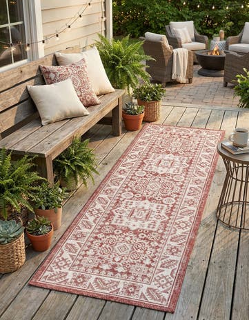 Rust Red Easy-Clean Aztec Indoor / Outdoor Runner Rug