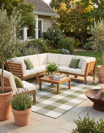 Green Easy-Clean Checkered Indoor / Outdoor Square Rug