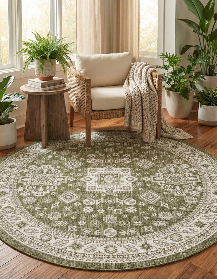 Detail image of 10' x 10'  Washable Aztec Indoor / Outdoor Round Rug