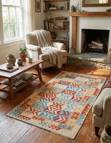 3' 6 x 6' 8 Hand Woven Kilim Maymana Wool Rug