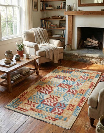 3' 6 x 6' 8 Hand Woven Kilim Maymana Wool Rug
