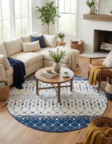 Ivory Navy Blue Moroccan Trellis Round Rug