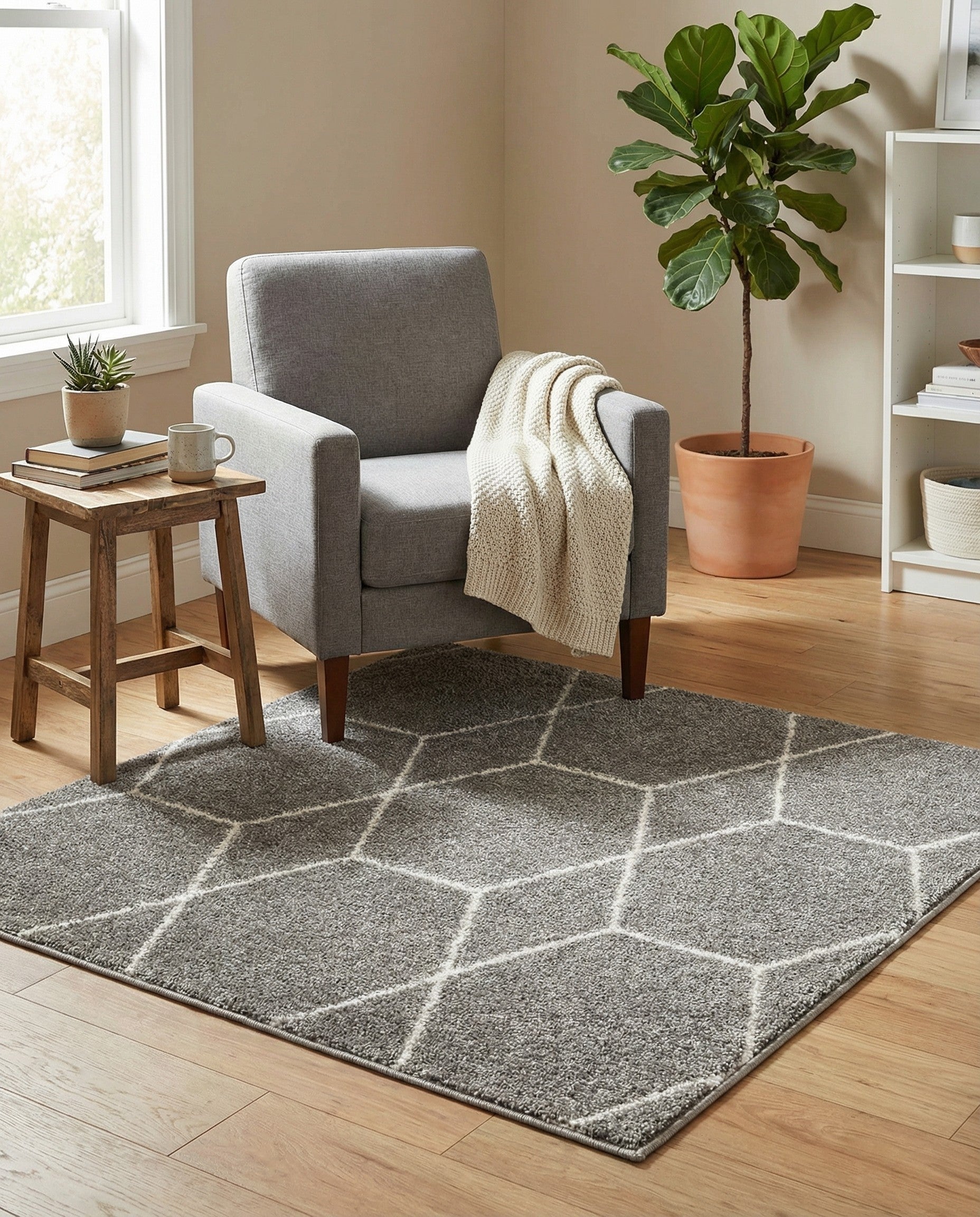 A 3'x3' square gray area rug with a modern white trellis pattern, featuring thin pile.
