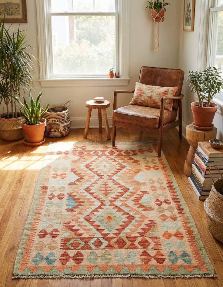 Detail image of 2' 9 x 4' 3  Hand Woven Kilim Waziri Wool Rug