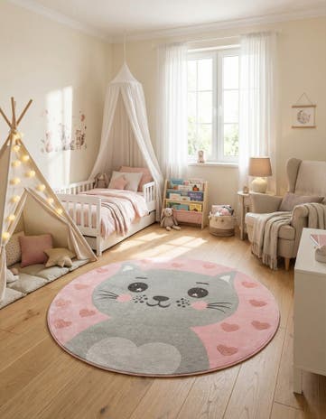 7' 10 x 7' 10 Cat Whimsy Kids Round Rug