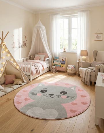 7' 10 x 7' 10 Cat Whimsy Kids Round Rug