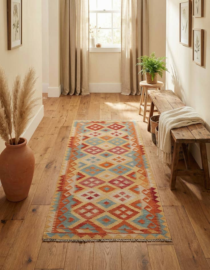 Detail image of 3' 3 x 6' 6  Hand Woven Kilim Maymana Wool Runner Rug