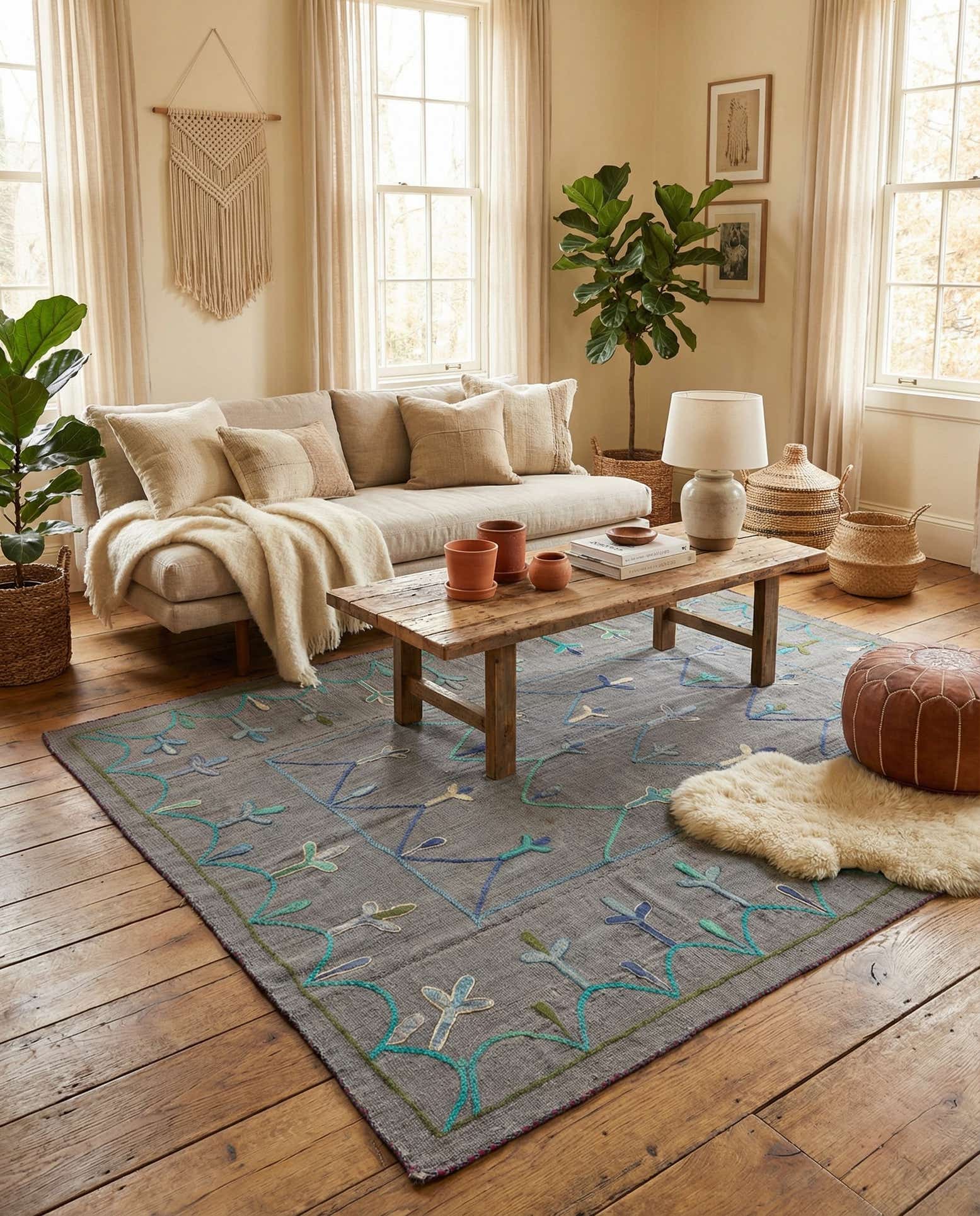 4' 7 x 6' 9 Hand Woven Kilim Suzani Wool Rug