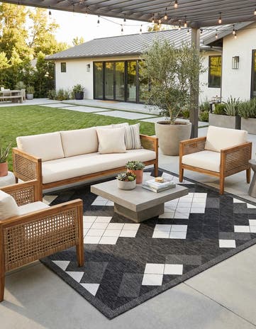 Black and White Easy-Clean Modern Indoor / Outdoor Square Rug
