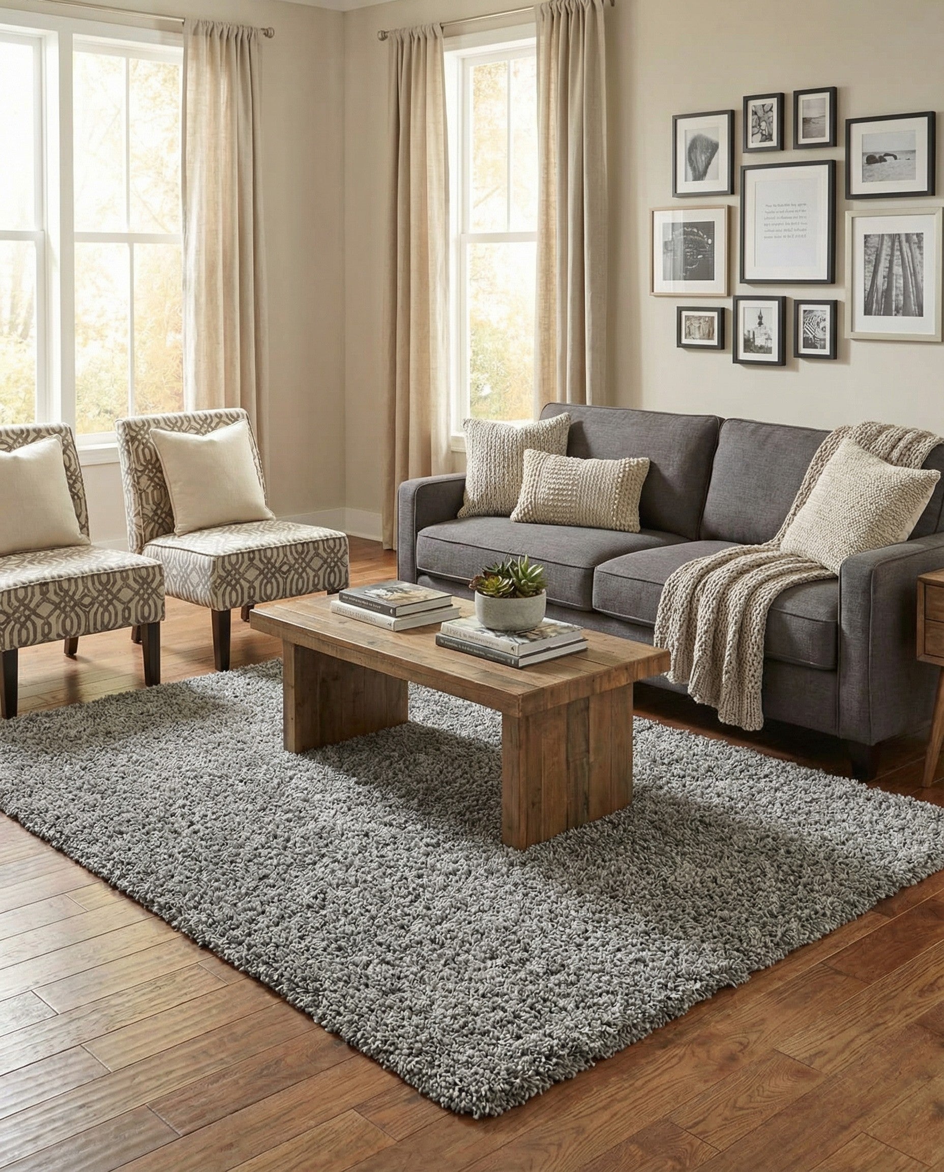 A 5x8 rectangular gray shag rug with a textured pile, suitable for a modern living room or bedroom.